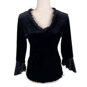 Vintage 90s Y2K Impressions Black Velvet Mesh Ruffle Top Size Medium Whimsigoth